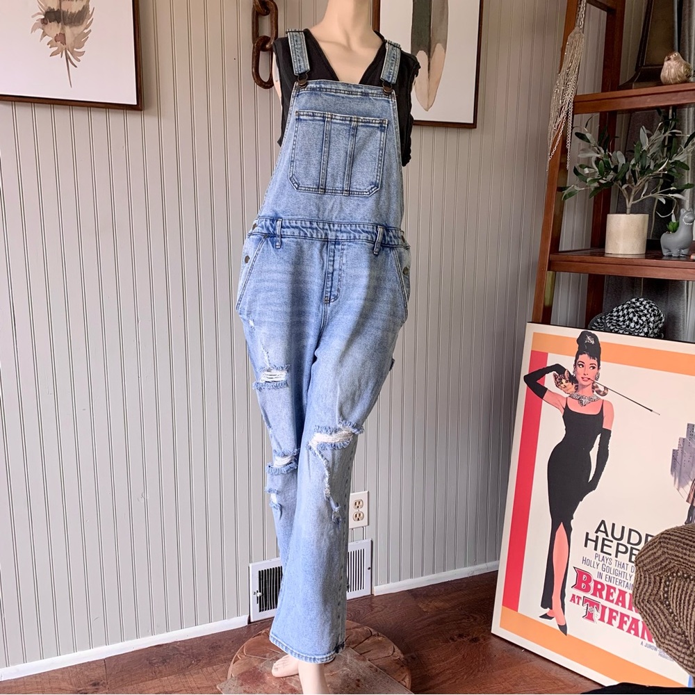 Love Fire Distressed Denim Overalls Wide Leg Bib